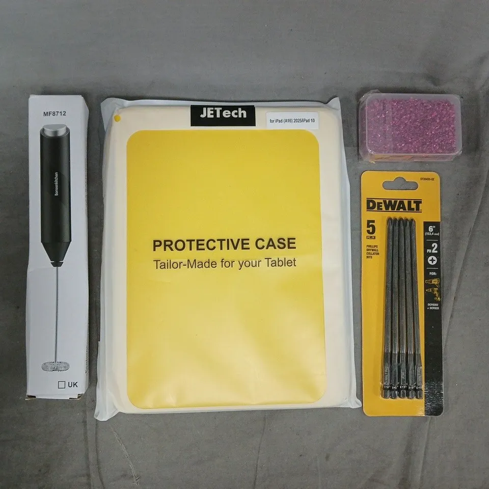 APPROXIMATELY 10 ASSORTED HOUSEHOLD ITEMS TO INCLUDE PHILLIPS DRYWALL COLLATOR BITS, MILK FROTHER, ETC