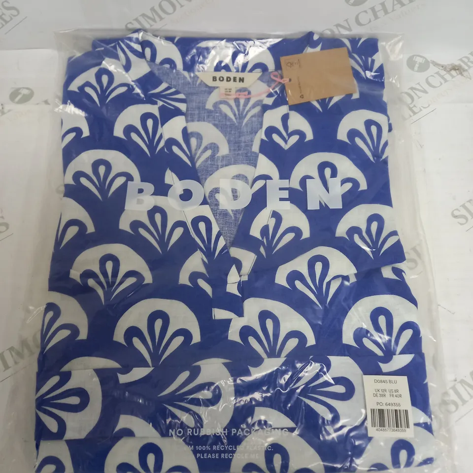 BODEN CLEO LINEN TIE WAIST DRESS IN SURF THE WEB, FOLIAGE GEO - UK 12R