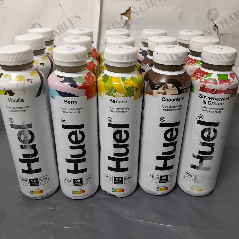 LOT OF 15 ASSORTED 500ML BOTTLES OF HUEL DRINK 