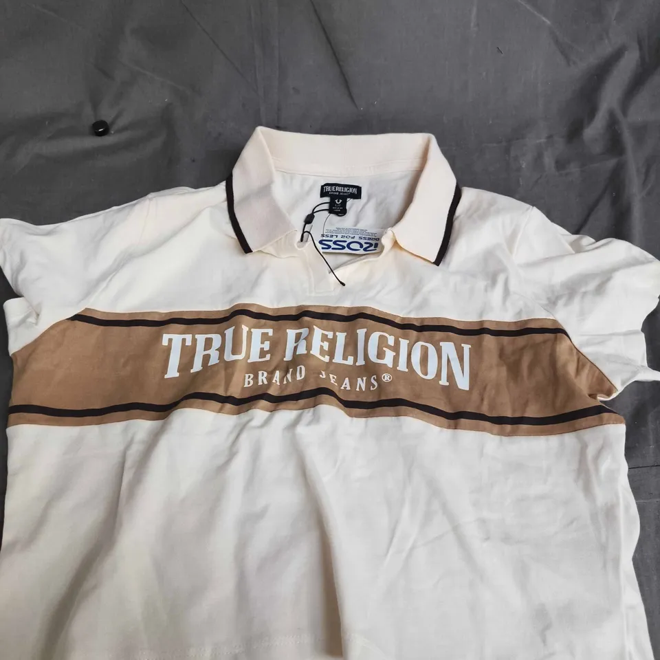 TRUE RELIGION BRAND JEANS POLO SHIRT – WHITE WITH TAN CHEST STRIPE, SIZE CHILDRENS L/G