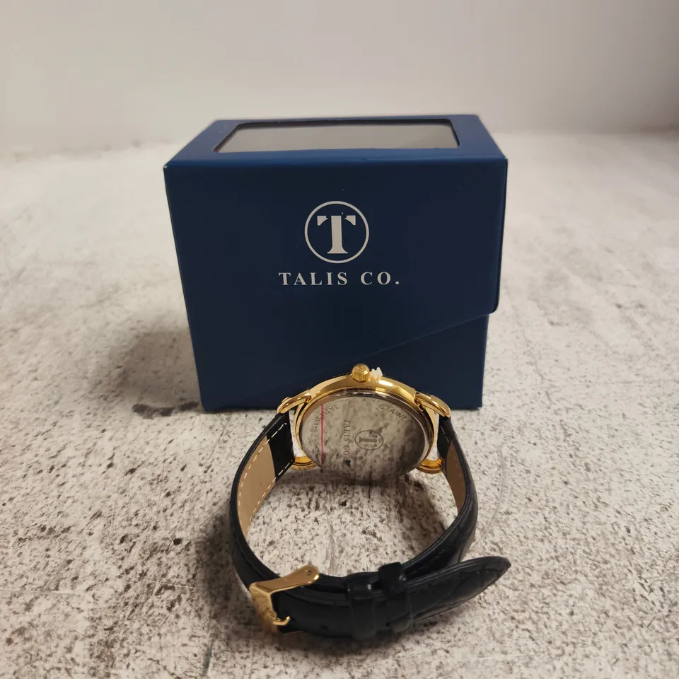 TALIS CO. GOLD TONE WRISTWATCH WITH BLACK LEATHER STRAP – BLUE PRESENTATION BOX