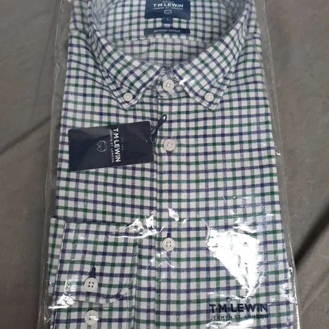 BAGGED T.M.LEWIN SLIM NAVY GREEN BLOCK CHECK BRUSH COTON SHIRT - LARGE
