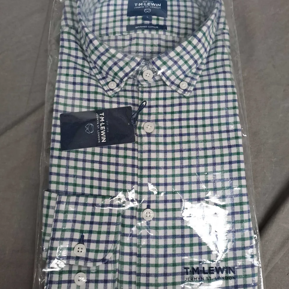 BAGGED T.M.LEWIN SLIM NAVY GREEN BLOCK CHECK BRUSH COTON SHIRT - LARGE