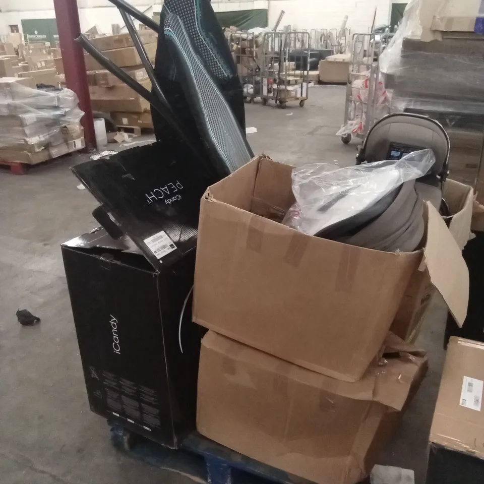 PALLET OF ASSORTED INCOMPLETE DESIGNER PRAM PARTS AND PIECES, INCLUDING IRONING BOARDS