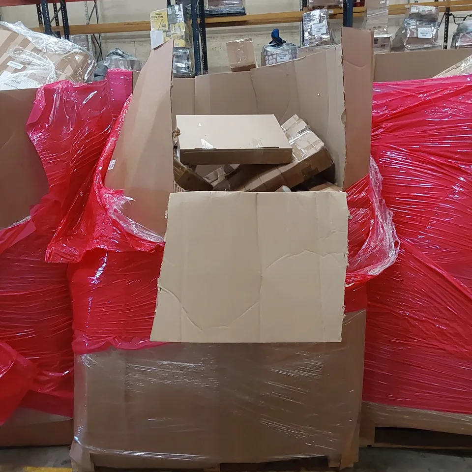 PALLET OF ASSORTED HOUSEHOLD ITEMS AND CONSUMER PRODUCTS TO INCLUDE; COOKER HOOD, PLAYPENS, TOILET SEAT, TELESCOPIC LADDER, BOXED FURNITURE ETC 