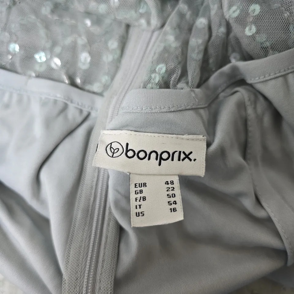 BONPRIX GREY SEQUIN-EMBELLISHED EVENING DRESS, UK 22