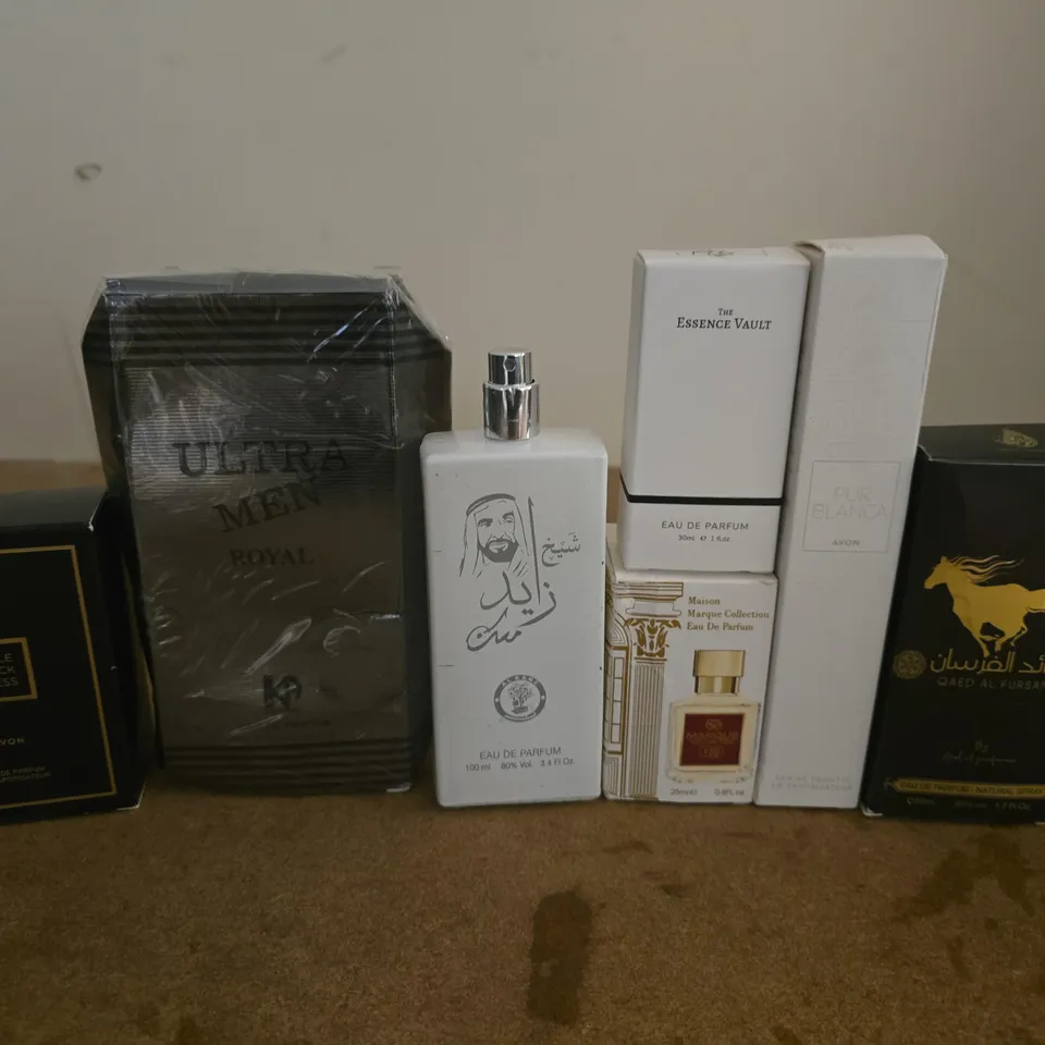 LOT OF 8 ASSORTED PERFUMES TO INCLUDE AVON PUR BLANCA 50ML AND ESSENCE VAULT 30ML