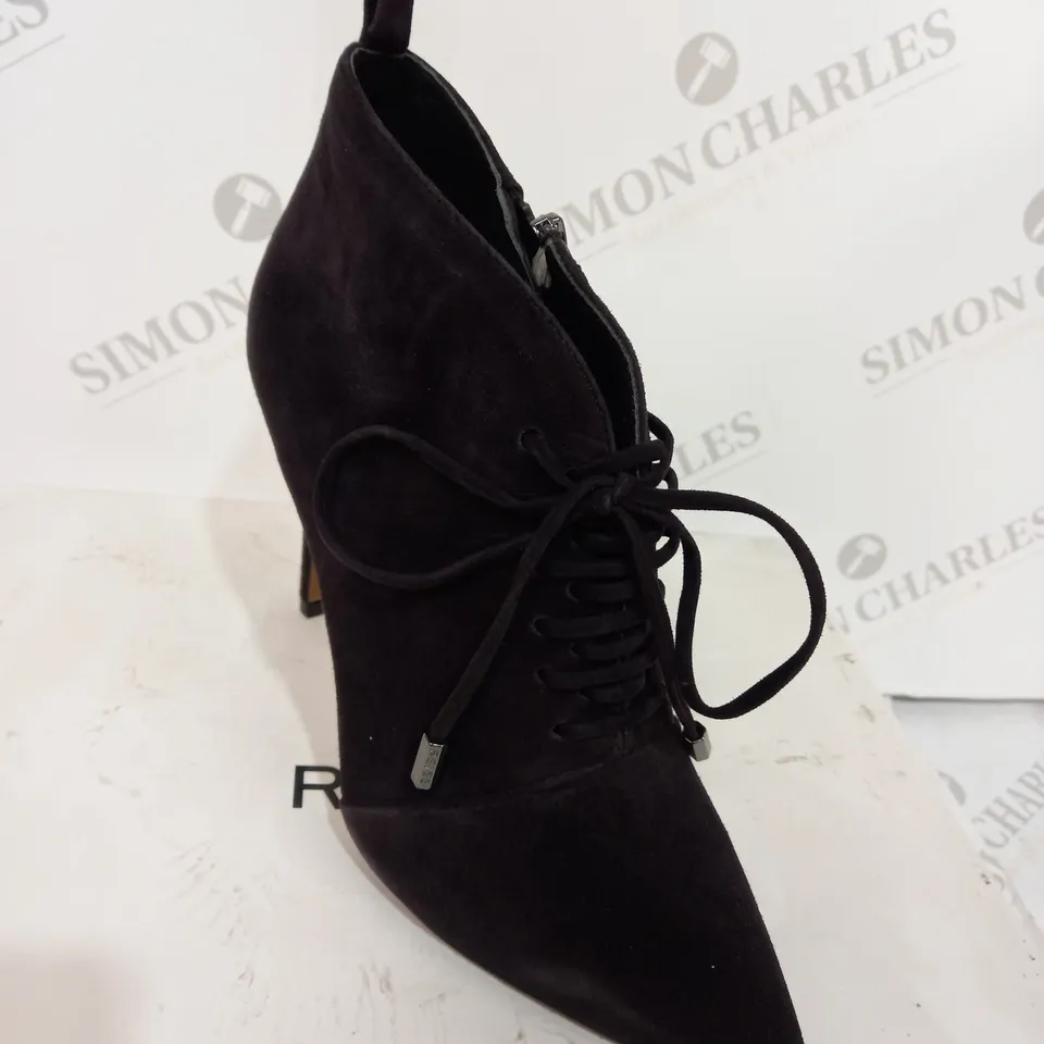 BOXED REISS SUEDE CHOCOLATE BOOT HEELS - SIZE 5