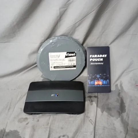 BOX OF APPROXIMATELY 35 ASSORTED HOUSEHOLD ITEMS INCLUDING FARADAY POUCH, BT WIRELESS HUB AND 20M BLACK TWIN SATELLITE COAXIAL CABLE