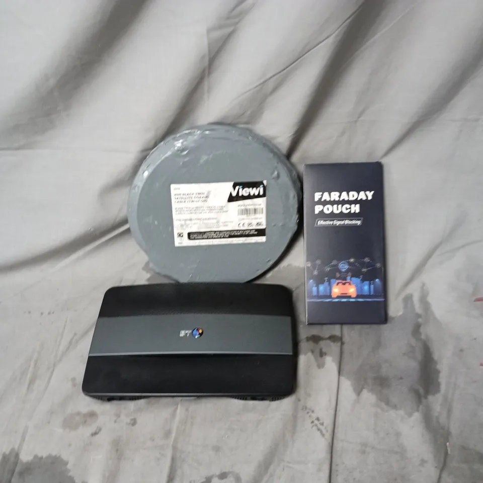 BOX OF APPROXIMATELY 35 ASSORTED HOUSEHOLD ITEMS INCLUDING FARADAY POUCH, BT WIRELESS HUB AND 20M BLACK TWIN SATELLITE COAXIAL CABLE