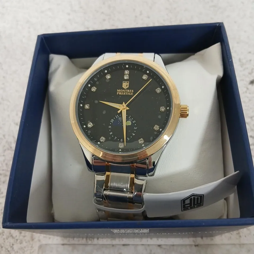 MONTRES PRESTIGE WRISTWATCH – TWO-TONE STEEL & GOLD, BLACK DIAL WITH CRYSTALS