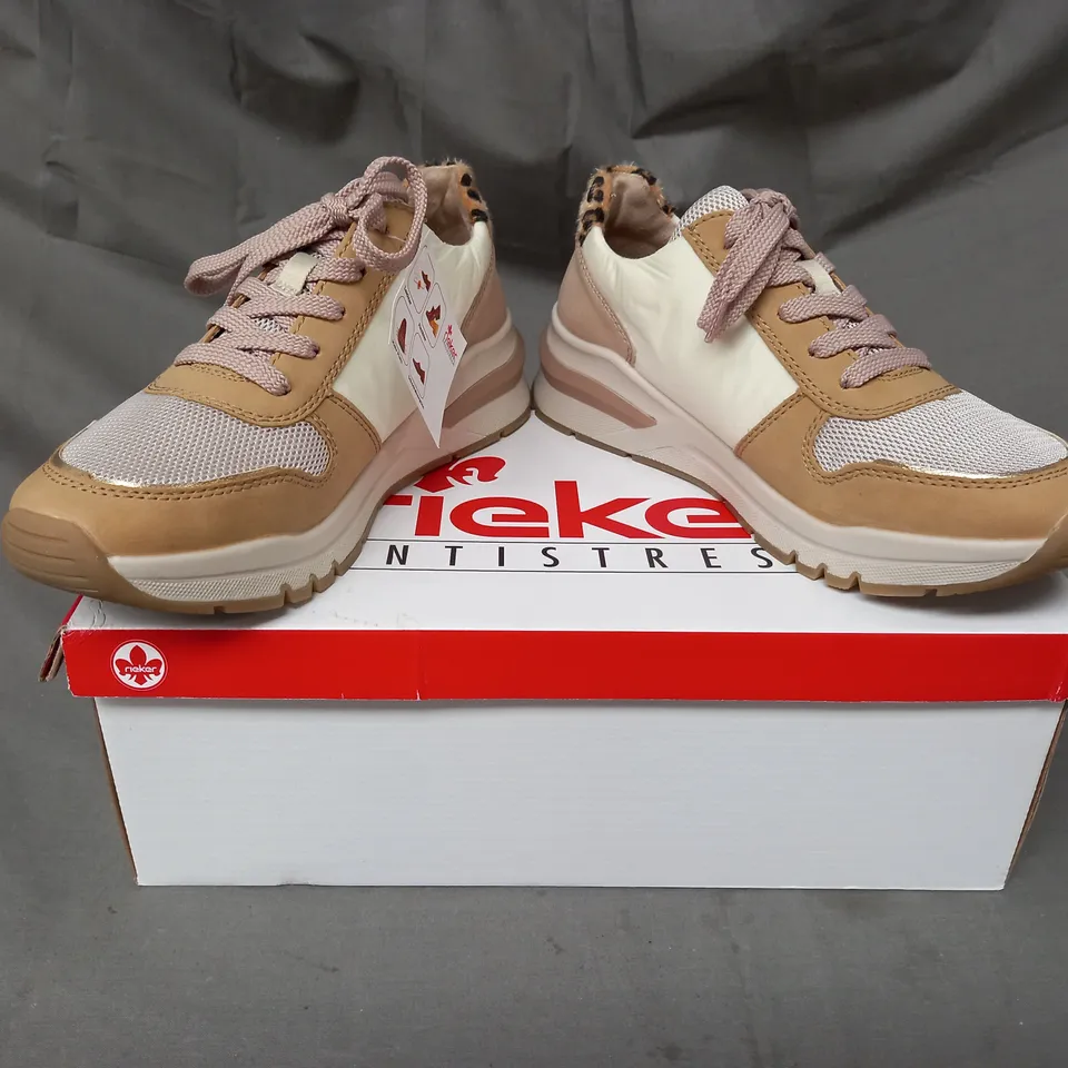 BOXED PAIR OF RIEKER SHOES IN CREAM/TAN/ANIMAL PRINT EU SIZE 39