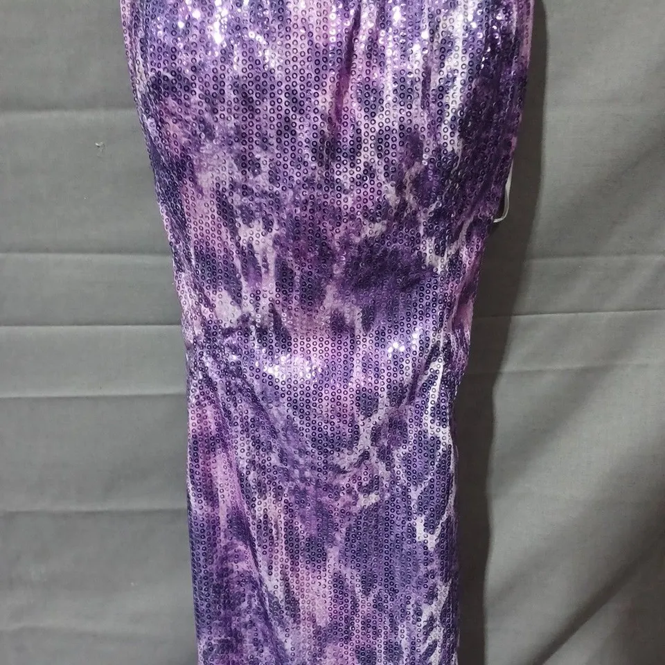 PANOPLY OPEN BACK TIE SLIM FIT DRESS IN SEQUIN LEOPARD PRINT PURPLE - SIZE 6