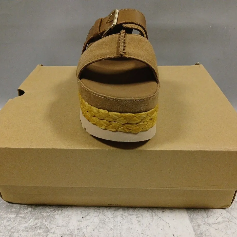 BOXED PAIR OF UGG OPEN TOE PLATFORM SANDALS IN BROWN SIZE UK 3
