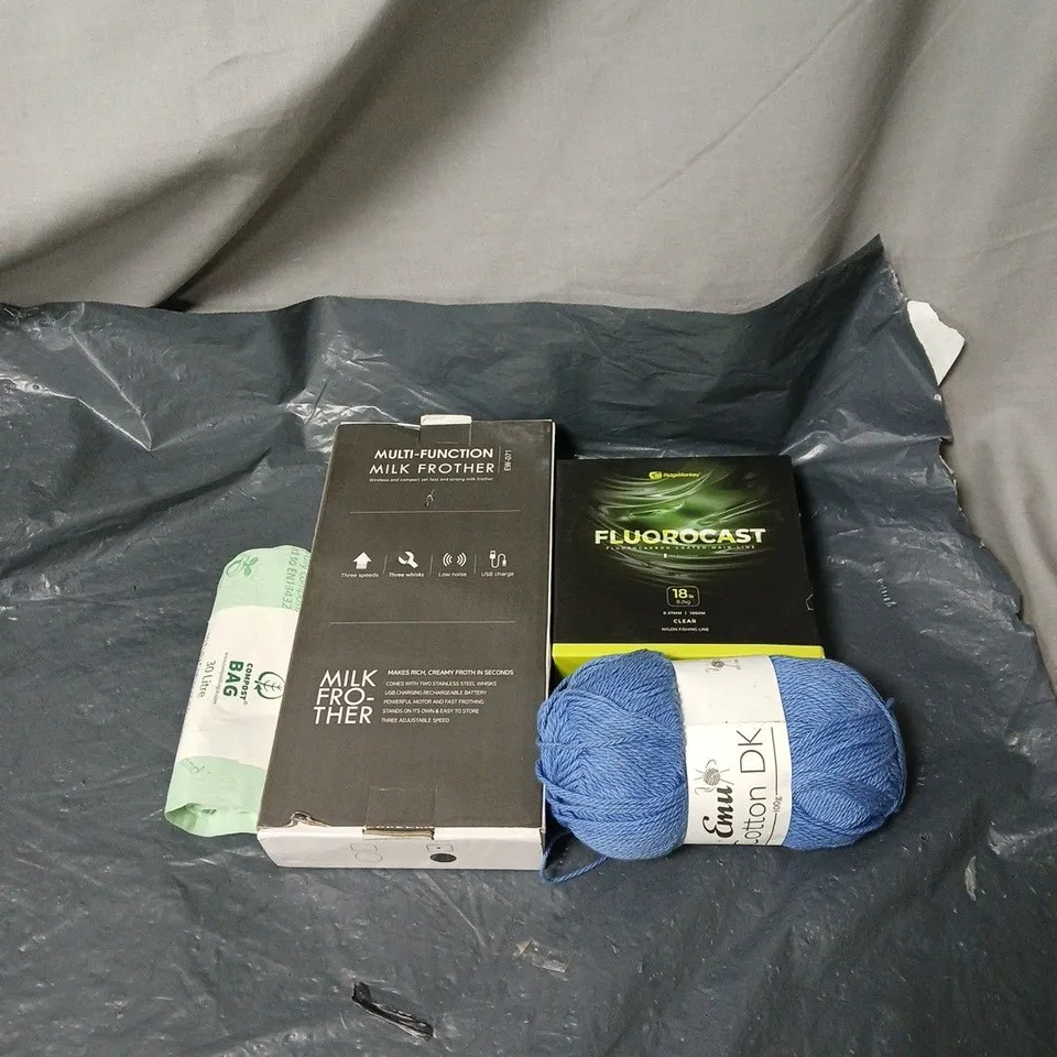 APPROXIMATELY 20 ASSORTED ITEMS TO INCLUDE MILK FROTHER, WOOL, WASTE BAGS, FISHING LINE ETC