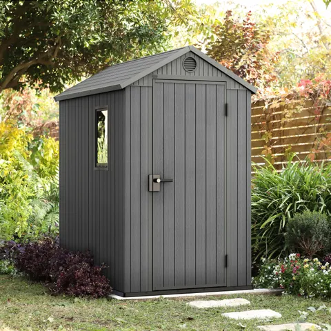 BOXED KETER DARWIN GREY OUTDOOR APEX GARDEN STORAGE SHED - 6 X 4FT