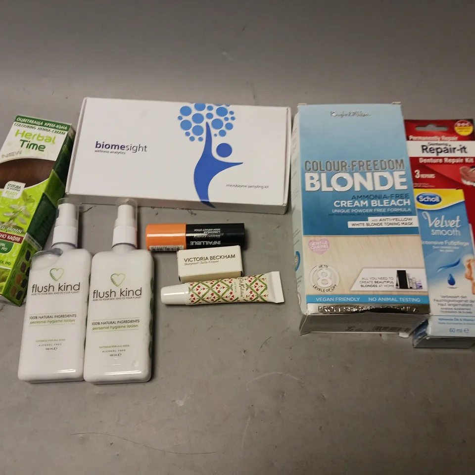 BOX OF APPROXIMATELY 15 COSMETIC ITEMS TO INCLUDE DENTURE REPAIR KIT, VELVET SMOOTH SCHOLL, AND FLUSH KIND LOTION ETC. 