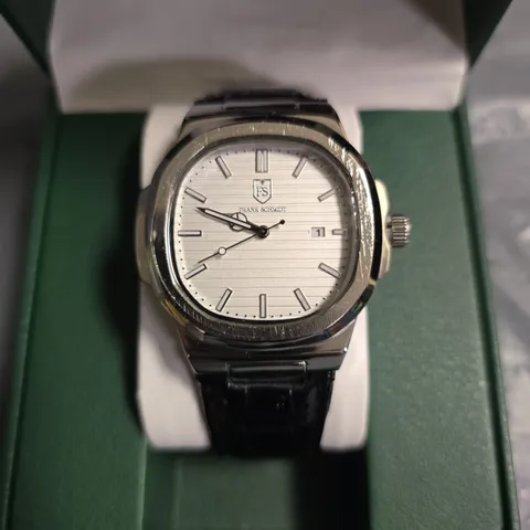 FRANK SCHMIDT SILVER DIAL WATCH WITH BLACK LEATHER STRAP