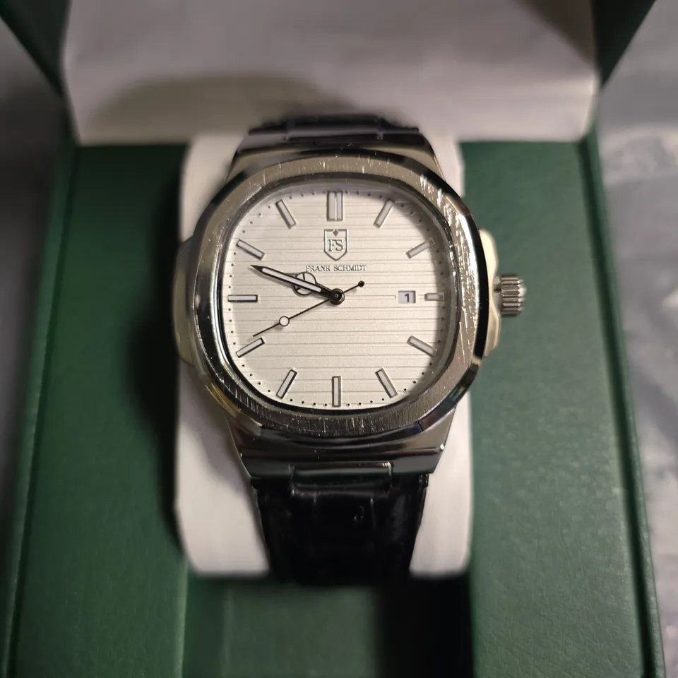 FRANK SCHMIDT SILVER DIAL WATCH WITH BLACK LEATHER STRAP