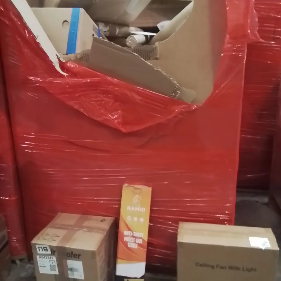 PALLET OF ASSORTED HOUSEHOLD GOODS AND PRODUCTS TO INCLUDE;AIR COOLER,ANTI THEFT LOCKING TOOL,CEILING FAN WITH LIGHT