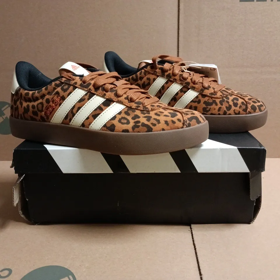 BOXED PAIR OF ADIDAS VL COURT TRAINERS IN ANIMAL PRINT SIZE UK 5