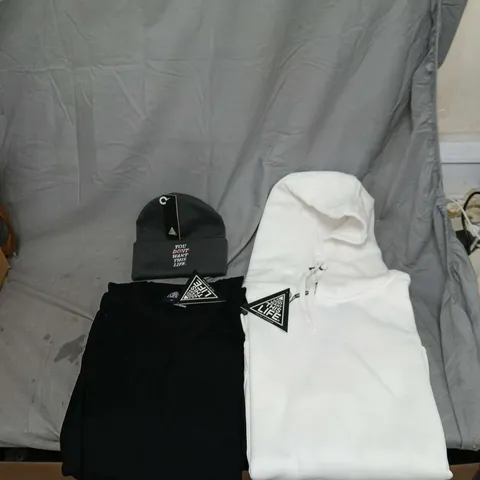 APPROXIMATELY 24 ITEMS OF HOODIES BEANIE HATS AND T-SHIRTS AND HOODIES  IN VARIOUS SIZES WITH THE BRAND YOU DON'T WANT MY LIFE ON THE LABEL .