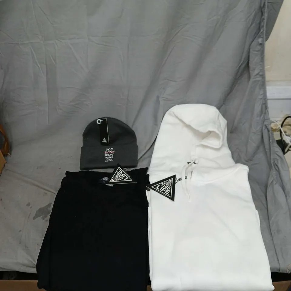 APPROXIMATELY 24 ITEMS OF HOODIES BEANIE HATS AND T-SHIRTS AND HOODIES  IN VARIOUS SIZES WITH THE BRAND YOU DON'T WANT MY LIFE ON THE LABEL .