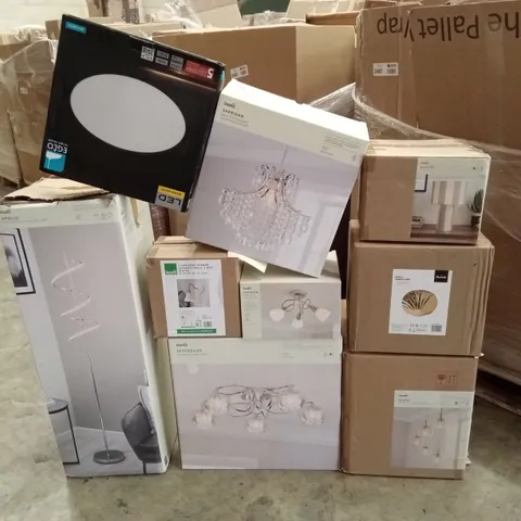 PALLET TO CONTAIN APPROXIMATELY 47 DESIGNER INDOOR LIGHTING PRODUCTS TO INCLUDE; FLOOR LAMPS, CEILING LIGHTS, WALL LIGHTS ETC