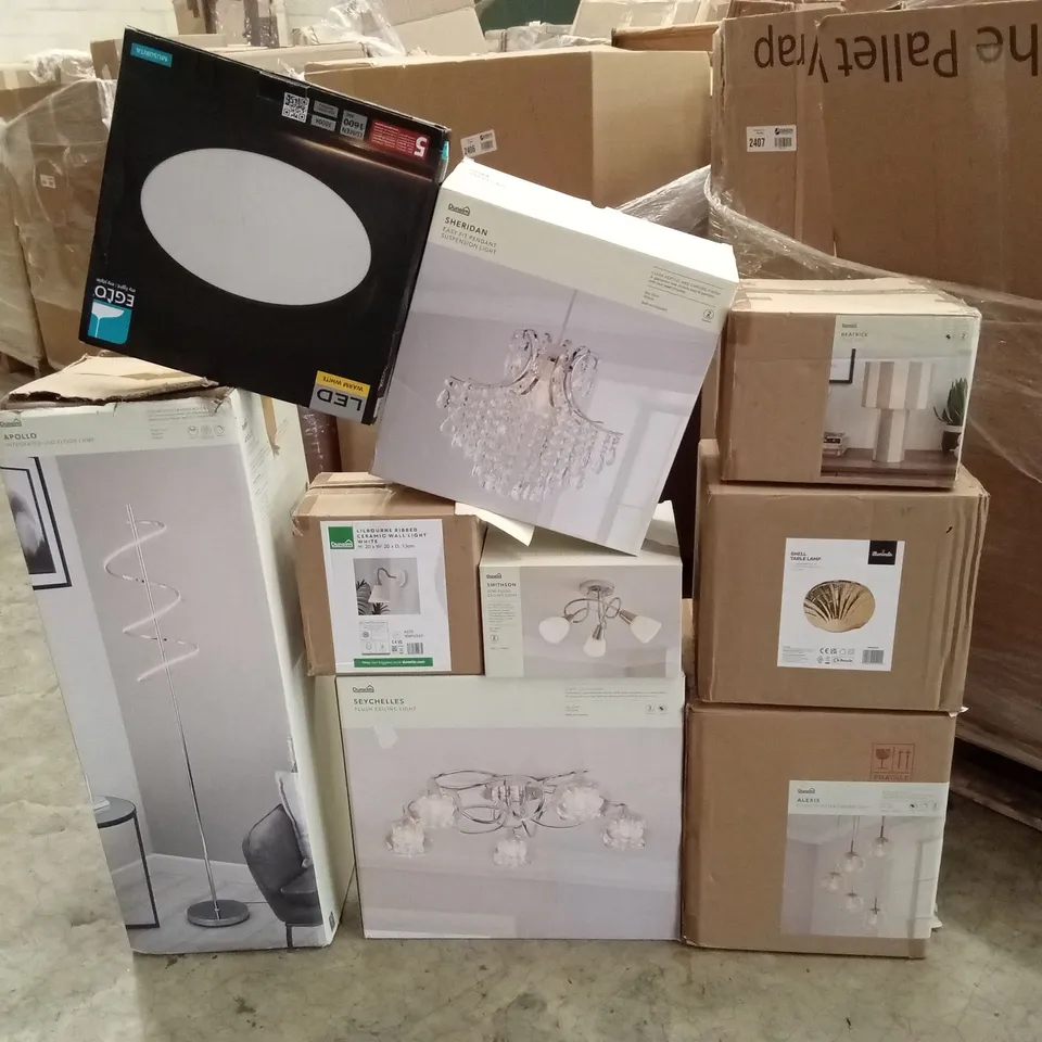 PALLET TO CONTAIN APPROXIMATELY 47 DESIGNER INDOOR LIGHTING PRODUCTS TO INCLUDE; FLOOR LAMPS, CEILING LIGHTS, WALL LIGHTS ETC