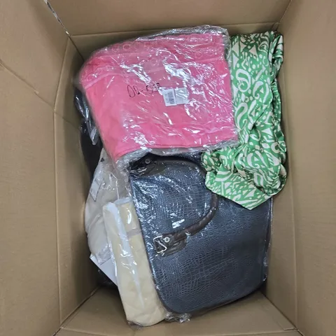 BOX OF APPROXIMATELY 30 ASSORTED CLOTHING ITEMS TO INCLUDE: LA MAREY BLACK FLEECE TOP