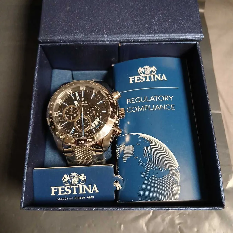 FESTINA CHRONOGRAPH WRISTWATCH - STAINLESS STEEL BRACELET, BOXED 