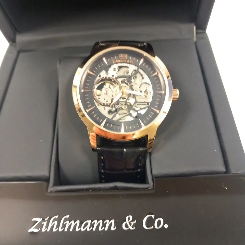 MENS ZIHLMANN & CO AUTOMATIC WATCH - Z210 – SKELETON DIAL – GOLD COLOUR CASE – GENUINE LEATHER CASE – HAND ASSEMBLED 