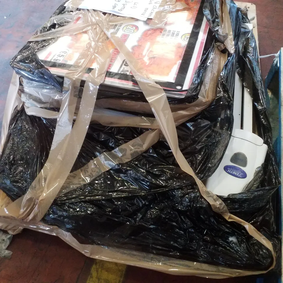 PALLET CONTAINING APPROXIMATELY 12 CHICKEN SHOP LED MENU BOARDS, SOAP DISPENSER & EMERGENCY LIGHT SIGN