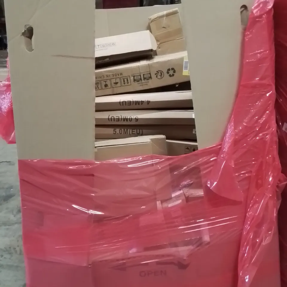 PALLET CONTAINING VARIOUS ASSORTED BOXED HOUSEHOLD ITEMS TO INCLUDE: SHOWER SYSTEMS, RETRACTABLE SAFETY GATES, TRUNKI RIDE ON AND LOTS MORE UNMARKED BOXED ITEMS 
