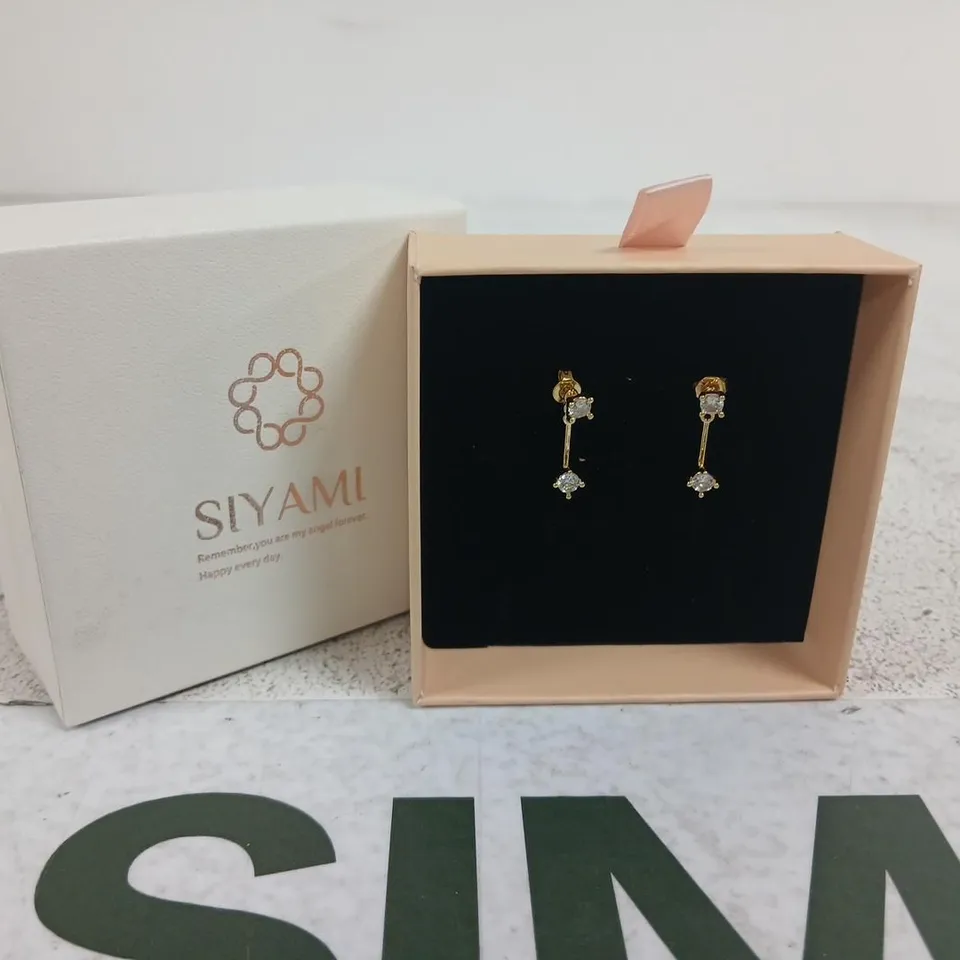 SIYAML GOLD-TONE DROP EARRINGS WITH CLEAR STONES – BOXED