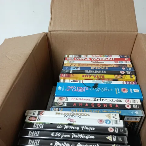 BOX OF APPROXIMATELY 40 ASSORTED DVDS INCLUDING MY BIG FAT GREEK WEDDING , DANCE WORKOUT , ANACONDA AND FREE WILLY