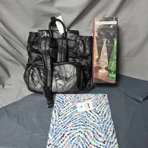 BOX OF APPROXIMATELY 10 ASSORTED HOUSEHOLD ITEMS TO INCLUDE WOMENS TAMSY TOP, GLASS CHRISTMAS TREE LAMP, LEATHER BAG ETC