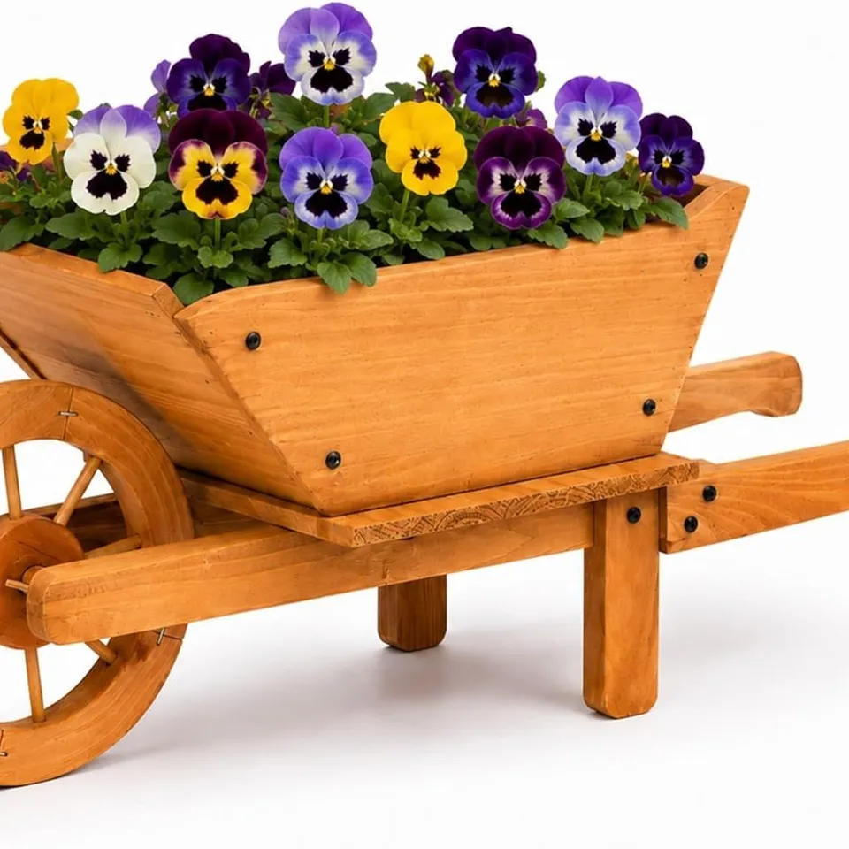 BOXED GARDEN WOODEN WHEELBARROW FLOWER PLANTER ORNAMENTAL PLANT POT