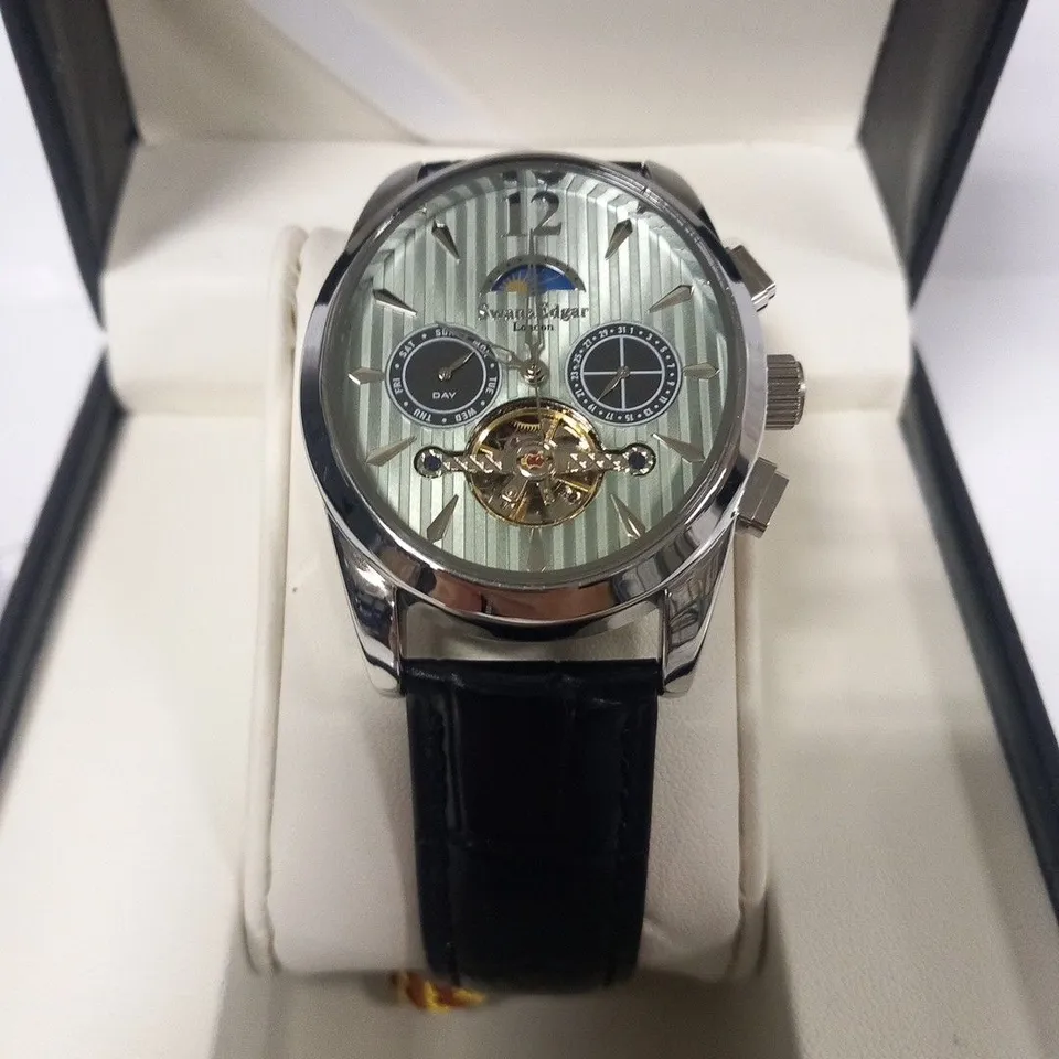 BOXED SWAN & EDGAR BLACK LEATHER WRIST WATCH 