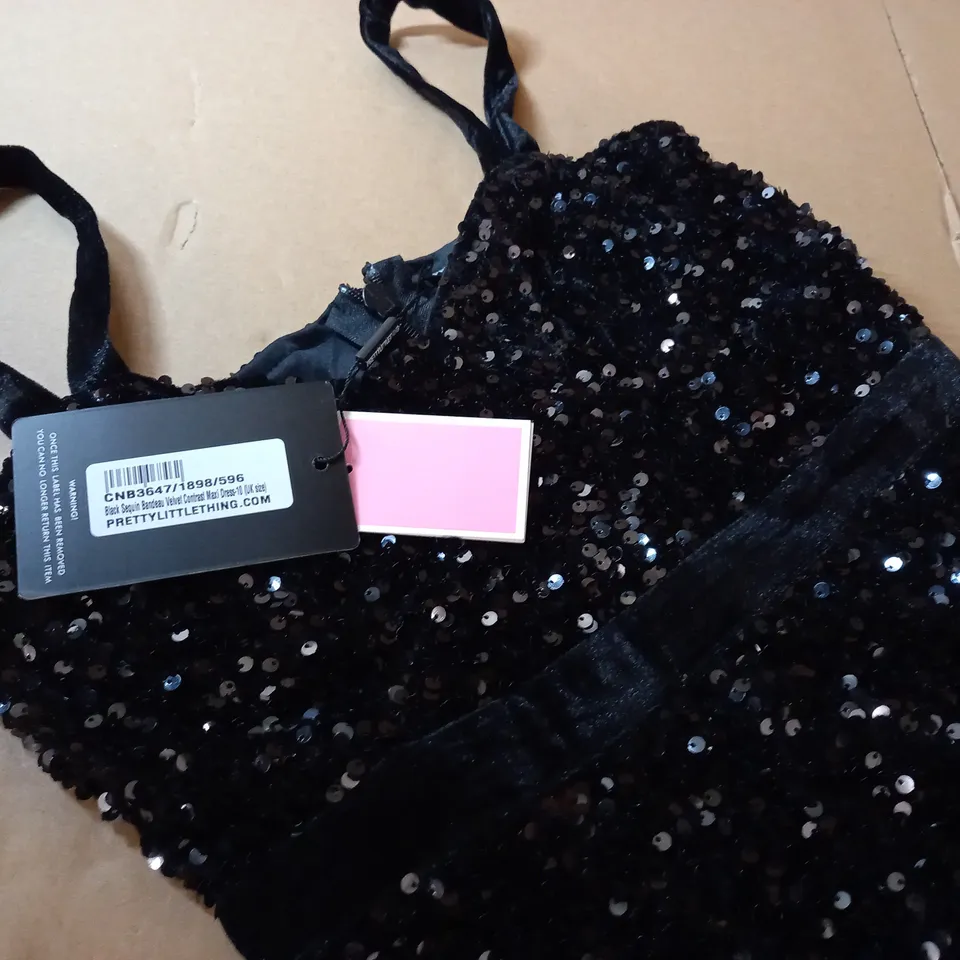 PRETTYLITTLETHING BLACK SEQUIN BANDEAU VELVET CONTRAST MAXI DRESS - UK 10