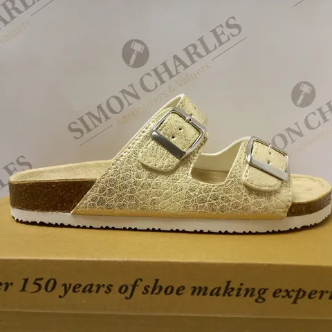 BOXED CUSHION WALK DOUBLE BUCKLE MULES, METALLIC - SIZE 5