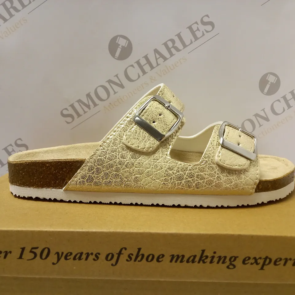 BOXED CUSHION WALK DOUBLE BUCKLE MULES, METALLIC - SIZE 5 