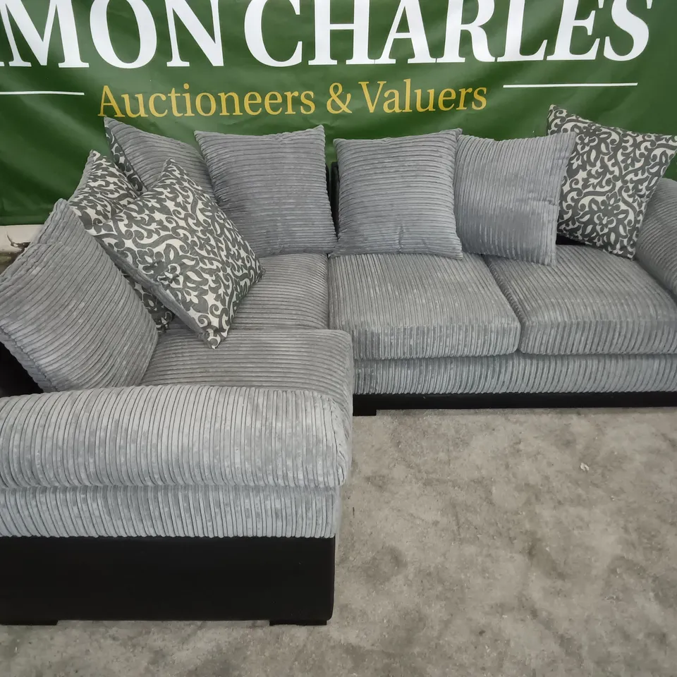 TWO-TONE GREY JUMBO CORD AND BLACK FAUX LEATHER CORNER SOFA