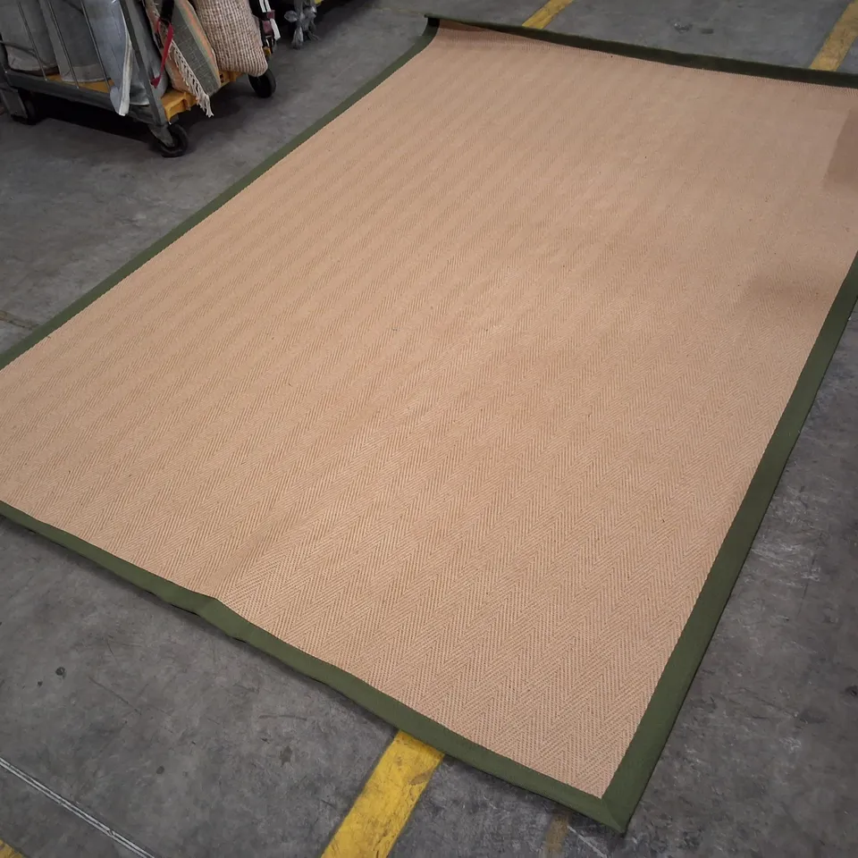 BEIGE RUG WITH OLIVE-GREEN BORDER APPROXIMATELY 200×290CM