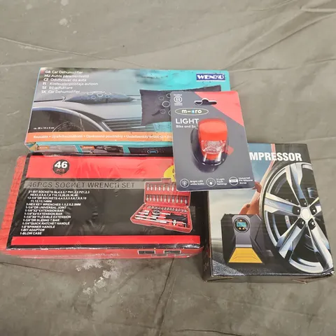APPROXIMATELY 7 ASSORTED VEHICLE PARTS & ACCESSORIES TO INCLUDE 46PCS SOCKET WRENCH SET, AIR COMPRESSOR, MICRO BIKE LIGHT, ETC