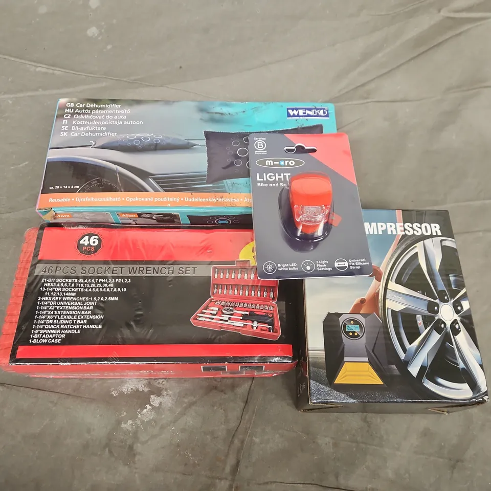 APPROXIMATELY 7 ASSORTED VEHICLE PARTS & ACCESSORIES TO INCLUDE 46PCS SOCKET WRENCH SET, AIR COMPRESSOR, MICRO BIKE LIGHT, ETC