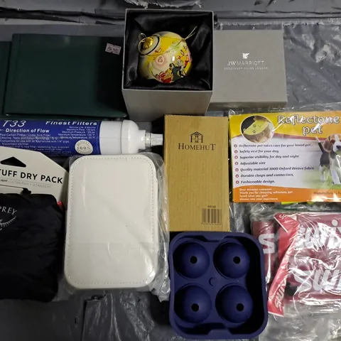 lot of approximately 13 assorted household items to include osprey stuff dry pack, t33 water filter and decorative bauble