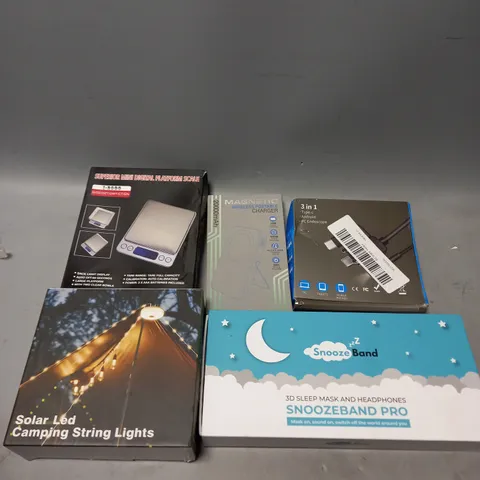 TOTE OF APPROX 8 ASSORTED ELECTRICAL ITEMS TOO INCLUDE HEADPHONES , SCALES , LED LIGHTS , ETC