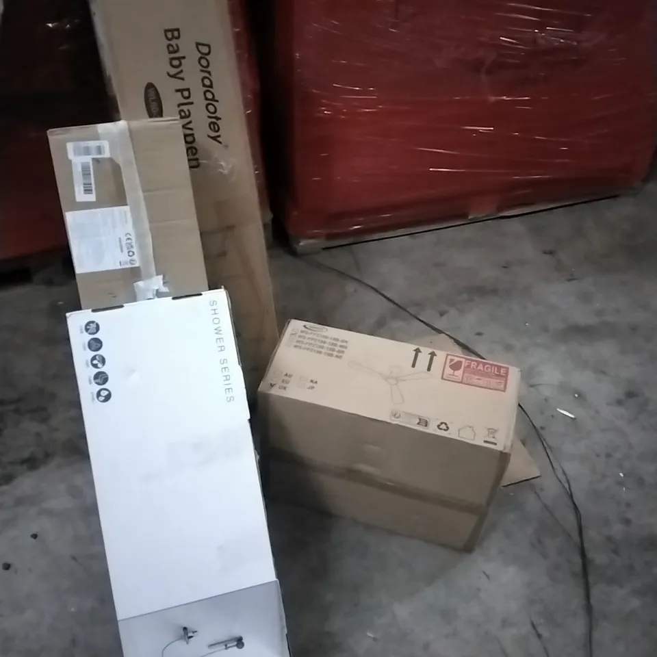 PALLET OF HOUSEHOLD ITEMS TO INCLUDE SHOWER SERIES, CEILING FAN, WALL LAMP, BABY PLAYPEN AND OTHER ASSORTED ITEMS...
