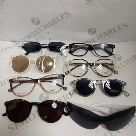 BOX OF APPROXIMATELY 20 ASSORTED VISION AND EYECARE ITEMS TO INCLUDE SUNGLASSES, PRESCRIPTION SPECTACLES, LENS WIPES ETC 